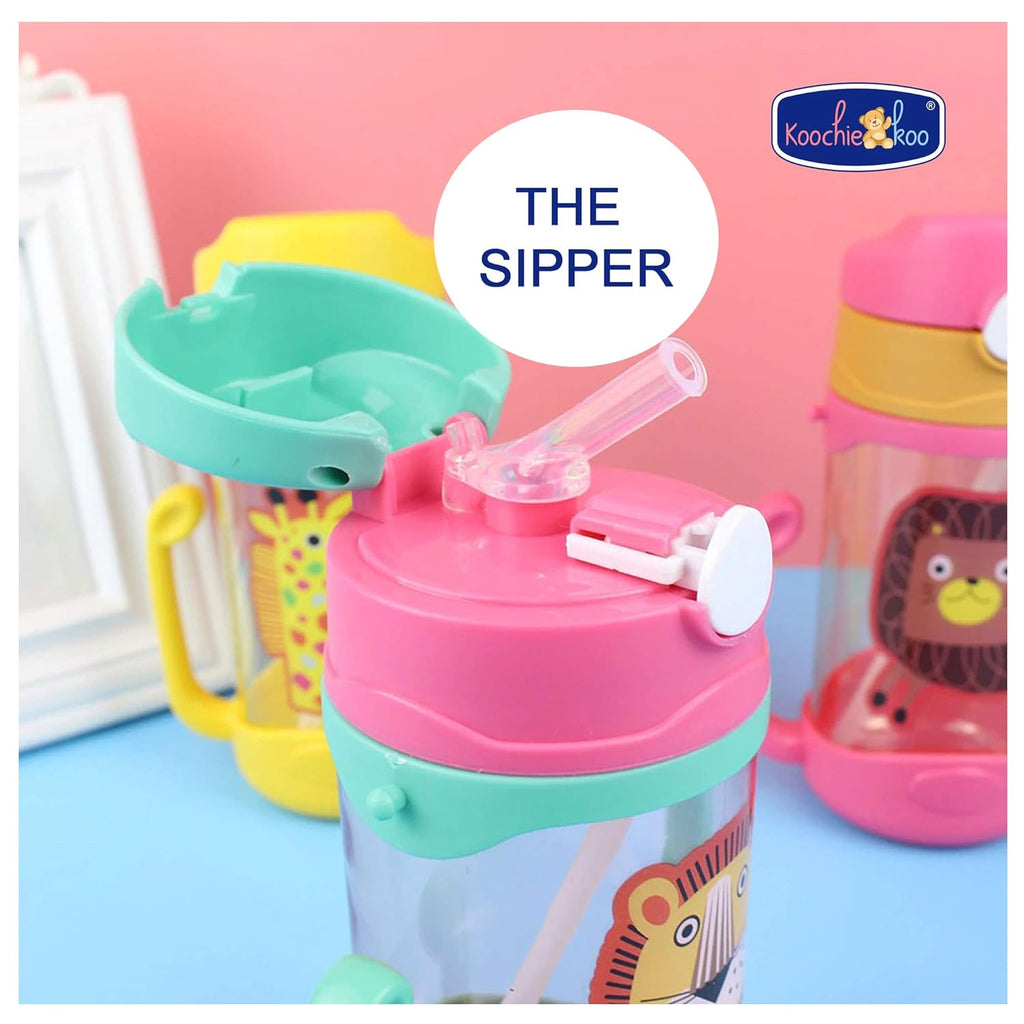 Koochie-Koo Plastic One Touch Open Cute Lion Printed Handy Transparent Sippy Cup Bottle