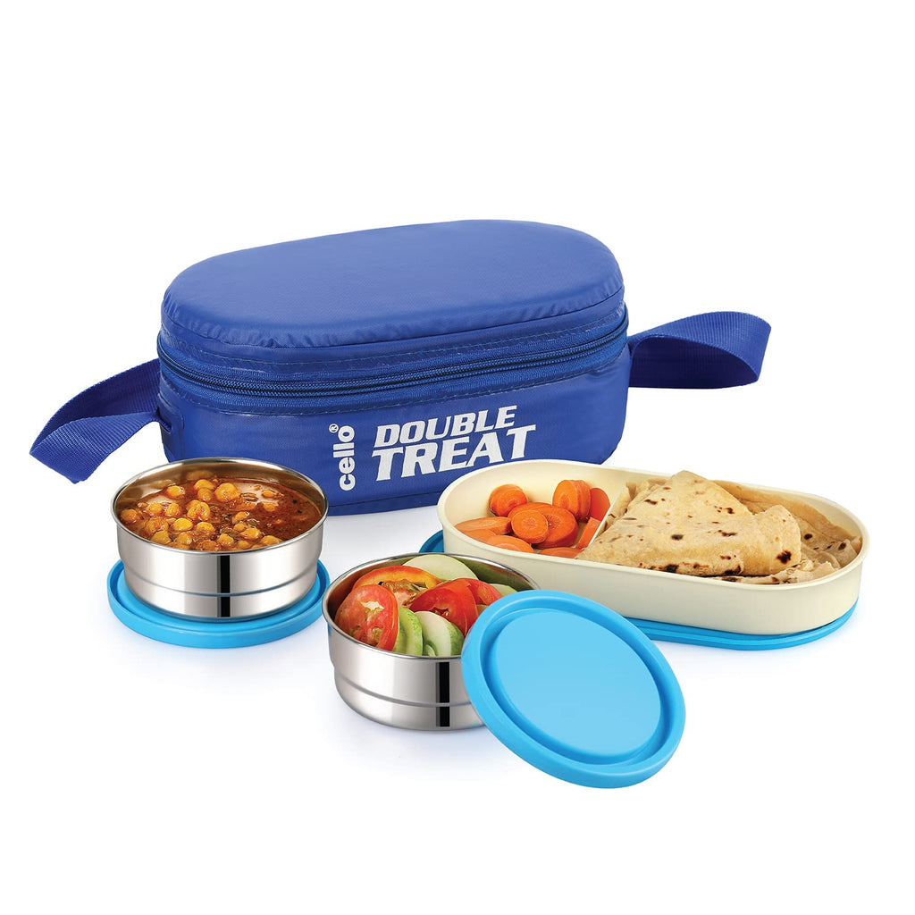 CELLO Double Treat Stainless Steel Lunch Box with Bag, Blue