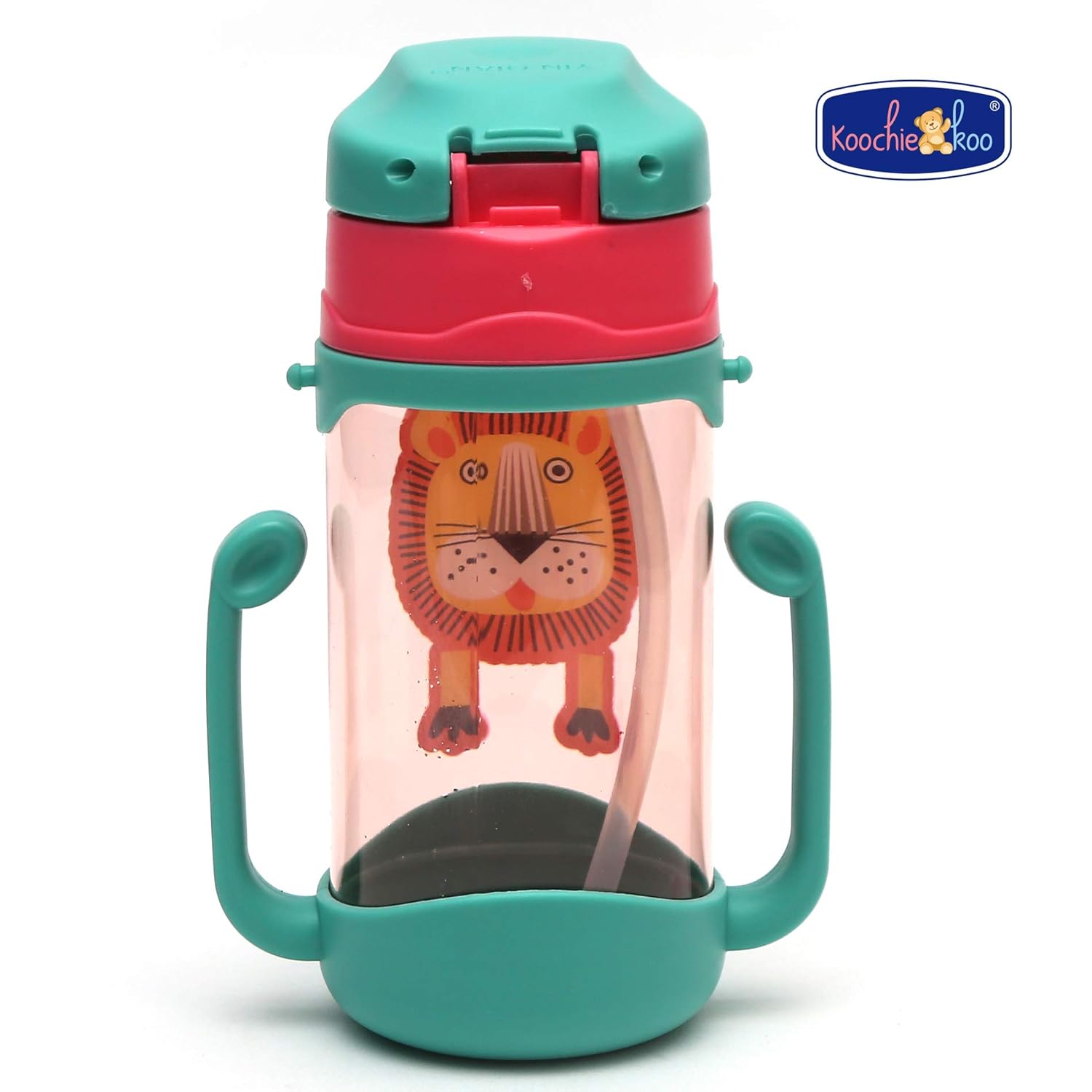 Koochie-Koo Plastic One Touch Open Cute Lion Printed Handy Transparent Sippy Cup Bottle