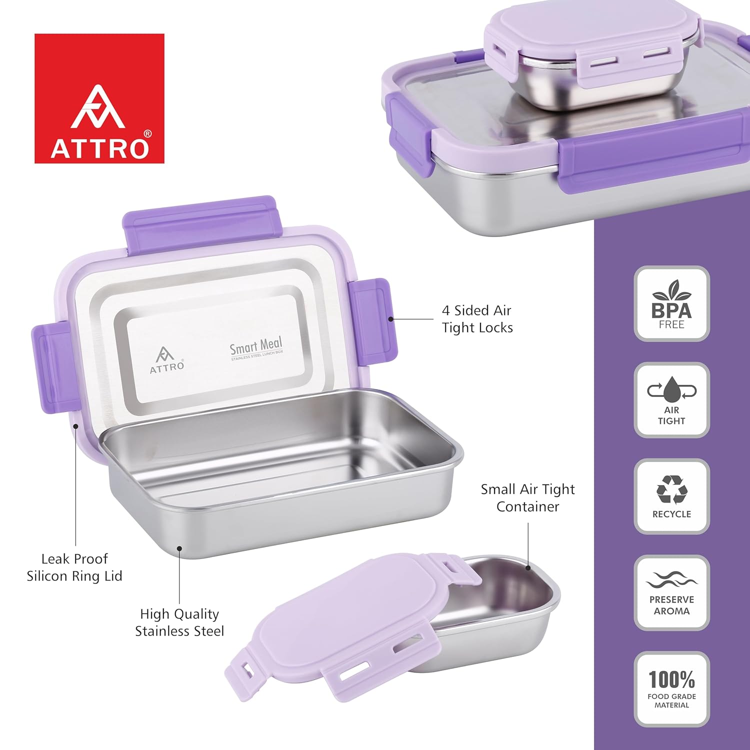 ATTRO Smart Meal Medium Stainless Steel Lunch Box with 1 Small Container