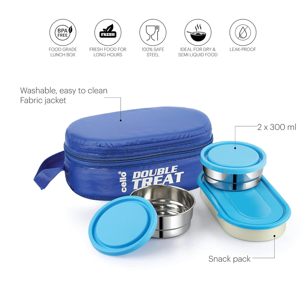 CELLO Double Treat Stainless Steel Lunch Box with Bag, Blue