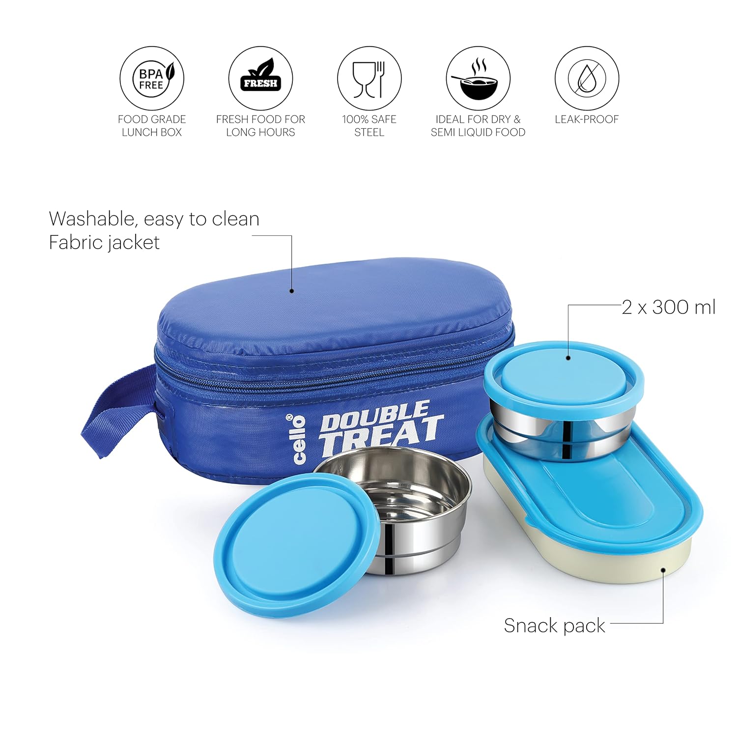 CELLO Double Treat Stainless Steel Lunch Box with Bag, Blue