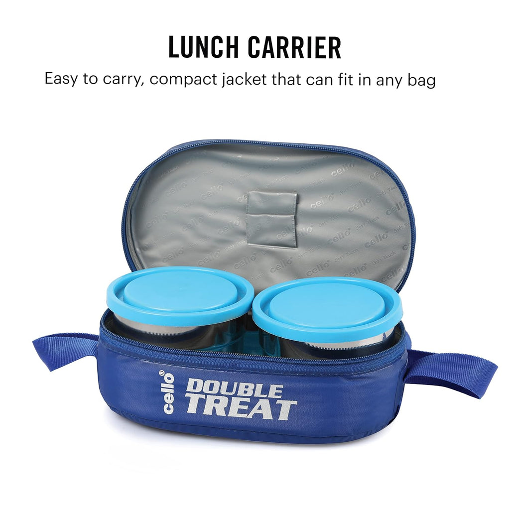 CELLO Double Treat Stainless Steel Lunch Box with Bag, Blue