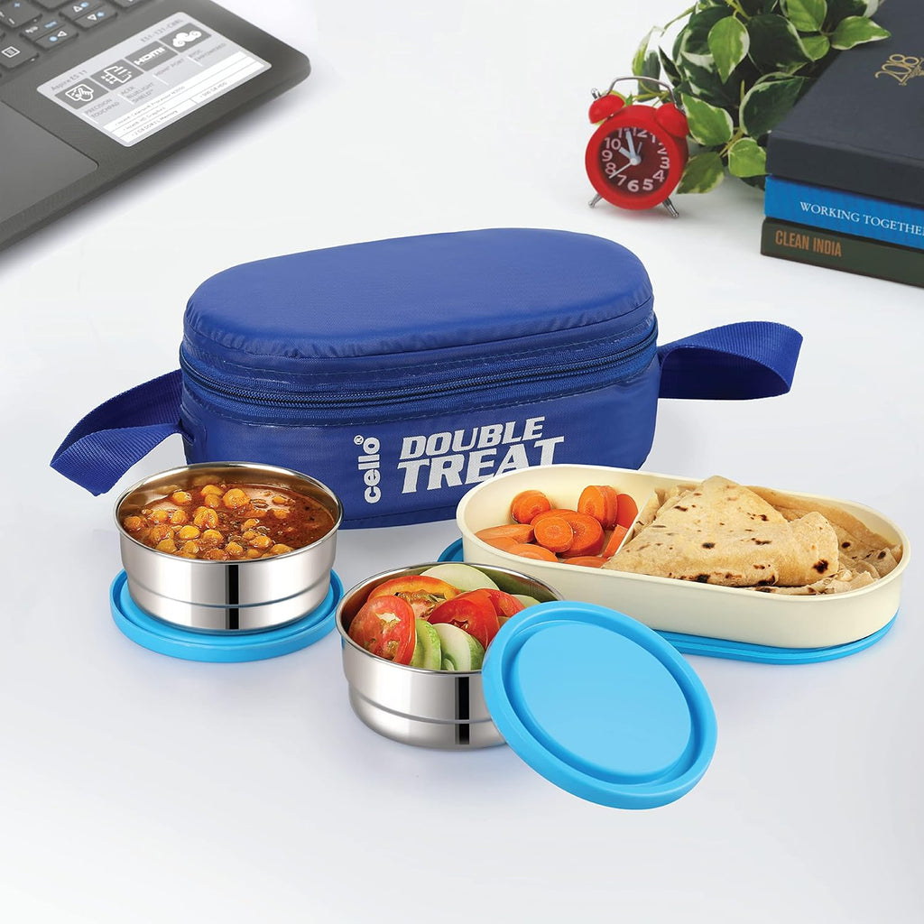 CELLO Double Treat Stainless Steel Lunch Box with Bag, Blue